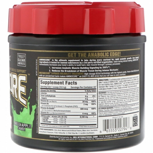 ALLMAX Nutrition, AMINOCORE, аминокислоты с разветвленной цепью (BCAA), 8 г аминокислот с разветвленной цепью в каждой порции, в соотношении 45:30:25, без глютена, леденцы со вкусом зеленого яблока, 462 г