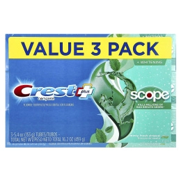 Crest, Complete Plus ™, Scope® + Whitening, зубная паста с фтором, мятная свежесть в полоску, 3 пакетика по 153 г (5,4 унции)