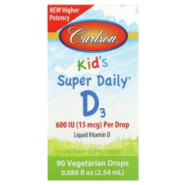 Carlson, Kid's Super Daily D3, 15 мкг (600 МЕ), 90 вегетарианских капель, 2,54 мл (0,086 жидк. унц.)