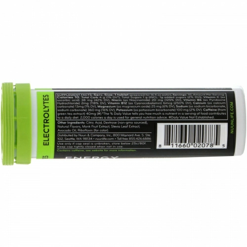Nuun, Energy, Effervescent Electrolyte & Caffeine Supplement, Fresh Lime, 10 Tablets
