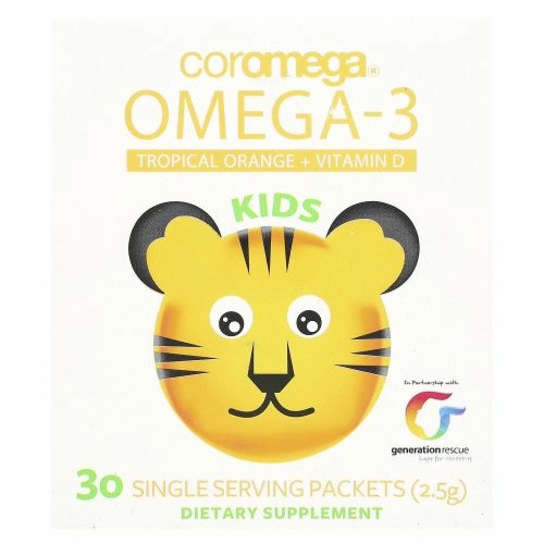 Coromega, Kids, омега-3, тропический апельсин + витамин D, 30 пакетиков (2,5 г)