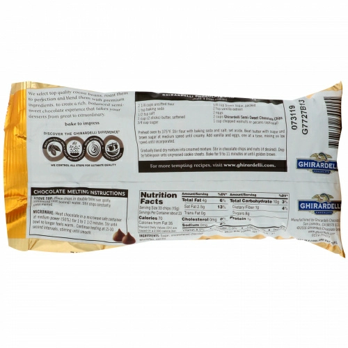 Ghirardelli, Первоклассные капли для выпечки, полугорький шоколад, 340 г