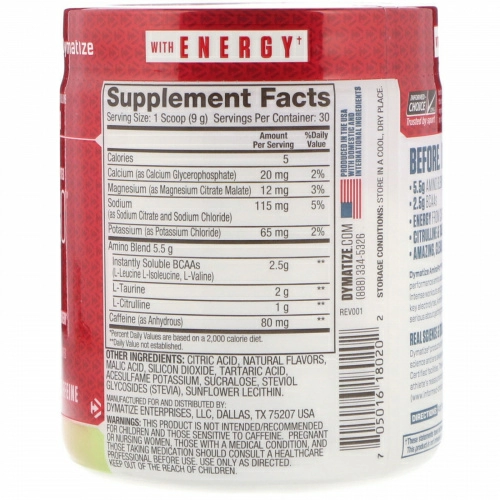 Dymatize Nutrition, Amino Pro with Energy, клубника, киви, с кофеином, 9,52 унц. (270 г)