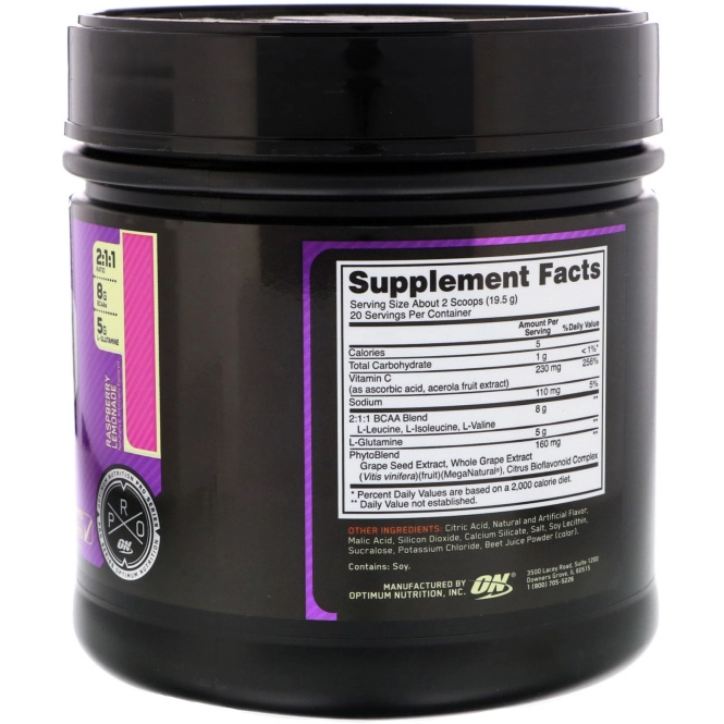 Optimum Nutrition, Pro BCAA, Raspberry Lemonade, 20 servings, 13.7 oz (390g)