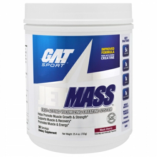 GAT, Sport, JetMass, добавка для набора мышечной массы с креатином, черная вишня, 720 г