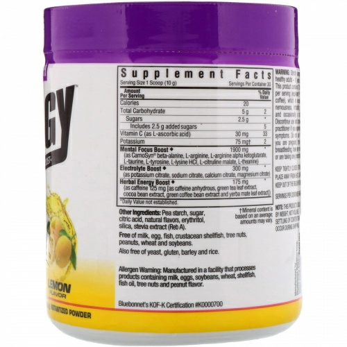 Bluebonnet Nutrition, Просто энергия, Вкус лимона, 10,58 унц. (300 г)