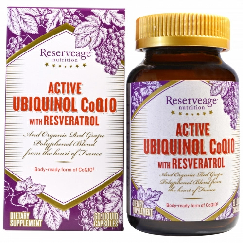 ReserveAge Nutrition, Активный убихинол CoQ10, ресвератрол, 60 капсул