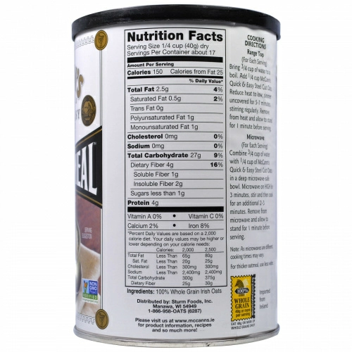 McCann's Irish Oatmeal, Быстрая и легкая молотая ирландская овсянка, 24 унции (680 г)