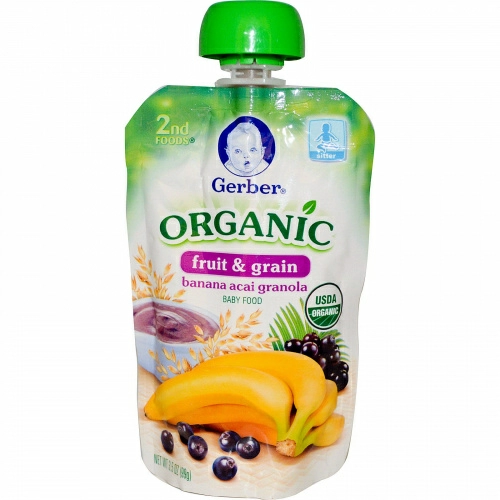 Gerber, 2nd Foods, органическое детское питание, фрукты и злаки, мюсли с бананом и ягодами асаи, 3.5 унций (99 г)