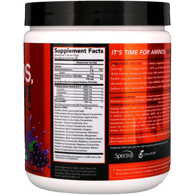 FURIOUS FORMULATIONS, Aminos Baby!, аминокислоты с разветвленной цепью, со вкусом виноградной жевательной резинки, 360 г (12.7 oz)