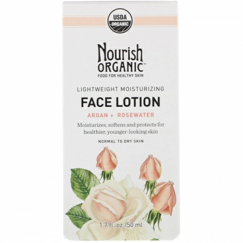 Nourish Organic, Lightweight Moisturizing Face Lotion, Argan + Rosewater, 1.7 fl. oz (50 ml)