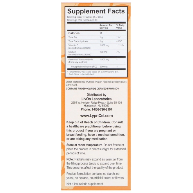 LypriCel, Липосомальный витамин С, 30 пакетиков по 0,2 жидких унций (5,4 мл) каждый