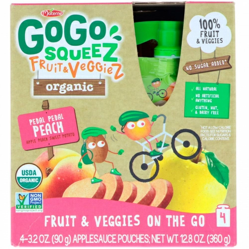 GoGo SqueeZ, Органические фрукты и овощи, персик на велосипеде, 4 пакетика по 3,2 унц. (90 г)