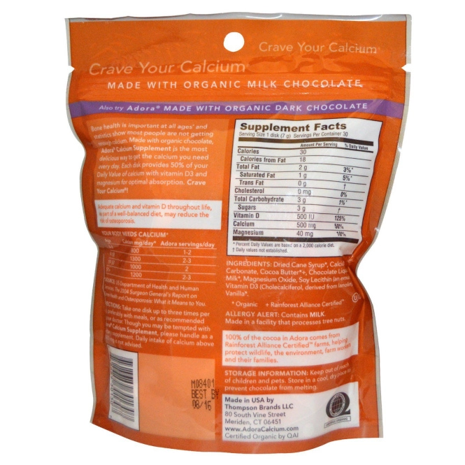 Adora, Источник кальция, молочный шоколад, 30 дисков