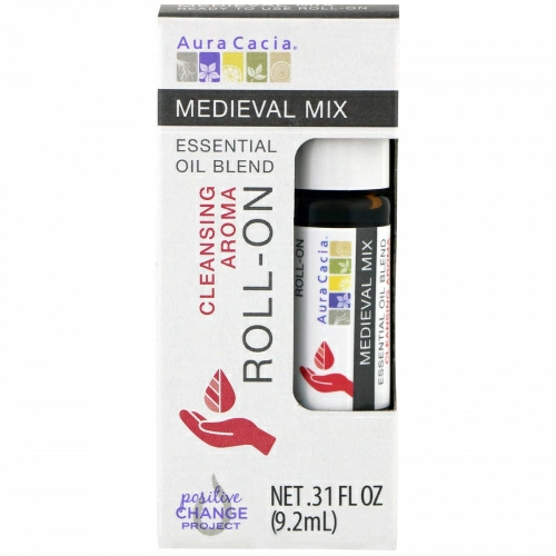 Aura Cacia, Смесь эфирного масла, очищающий ароматический роликовый аппликатор, средневековая смесь, 0,31 жидкие унции (9,2 мл)