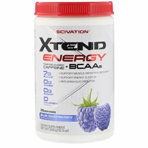 Scivation, Xtend Energy, Кофеин медленного высвобождения + аминокислоты с разветвлённой цепью, Голубая малина, 12,3 унц. (348 г)