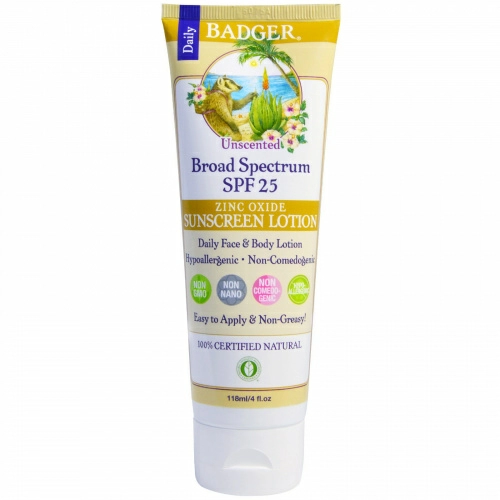Badger Company, Солнцезащитный лосьон с оксидом цинка, широкий фактор защиты SPF 25, без запаха, 4 жидк. унц. (118 мл)