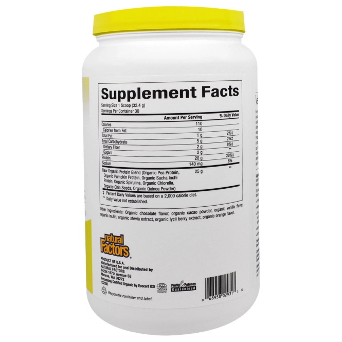 Natural Factors, NATURAL FACTORS, VegiDay Raw Organic Plant-Based Protein - Decadent Chocolate, 32.28 oz