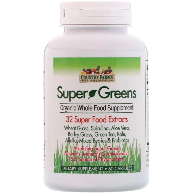 Country Farms, Super Greens, Whole Food Supplement, 60 Vegetable Capsules