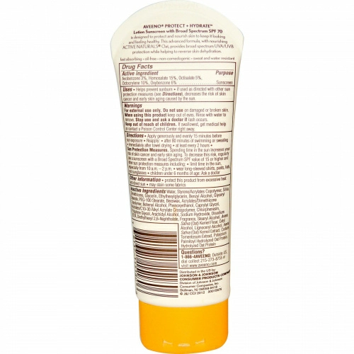 Aveeno, Солнцезащитный Лосьон «Защита + Увлажнение» с активными натуральными компонентами, SPF 70, 3 унции (85 г)
