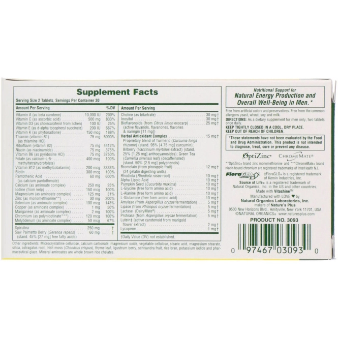 Nature's Plus, Source of Life, Мультивитаминная и минеральная добавка для мужчин, без железа 60 таблеток