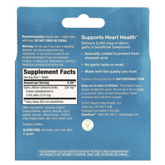 Nature's Way, Garlinase® 5000, экстракт чеснока, 320 мг, 100 веганских таблеток с кишечнорастворимой оболочкой