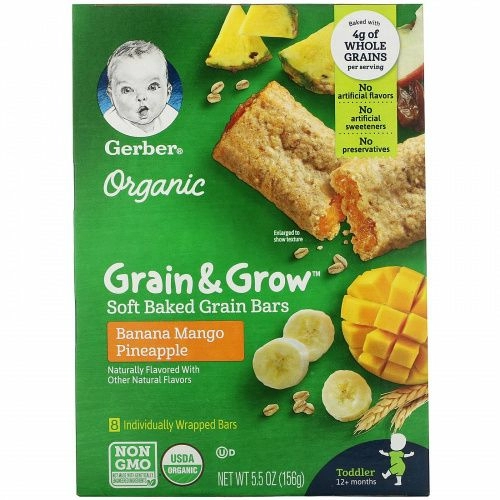 Gerber, Organic, Grain & Grow, мягкие запеченные зерновые батончики, от 12 месяцев, со вкусом банана, манго и ананаса, 8 батончиков по 19 г