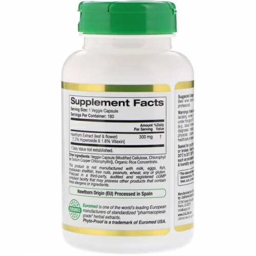 California Gold Nutrition, Экстракт боярышника, EuroHerbs, европейское качество, 300 мг, 180 вегетарианских капсул