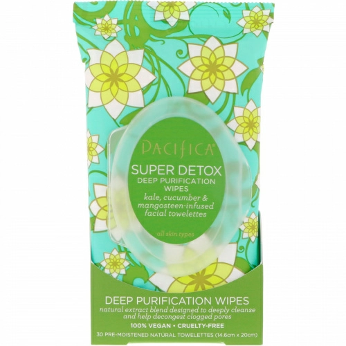 Pacifica, Super Detox, салфетки для глубокого очищения, капуста, огурец и гарциния, 30 натуральных влажных салфетки