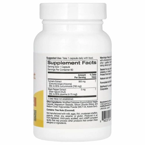 Super Nutrition, экстракт куркумы с Bioperine, 800 мг, 60 растительных капсул