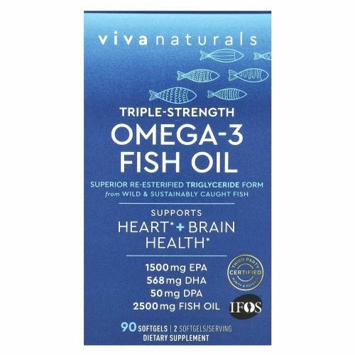 Viva Naturals, рыбий жир с омега-3, тройная сила, 90 капсул