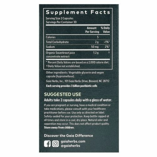 Gaia Herbs, постбиотик из квашеной капусты, 60 веганских капсул с фитокапсулами