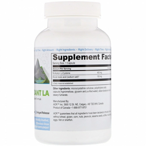 Advanced Orthomolecular Research AOR, Antioxidant LA, R(+) липоевая кислота и N-ацетил-цистеин, 90 растительных капсул