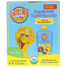 Earth's Best, Sesame Street, Organic Fruit Yogurt Smoothie, Apple Blueberry, 4 Pouches, 4.2 oz (120 g) Each