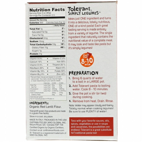Tolerant, Макароны из органической красной чечевицы, пенне, 227 г