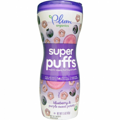 Plum Organics, Super Puffs, органические колечки из овощей, фруктов и злаков, черника и фиолетовый батат, 1,5 унции (42 г)