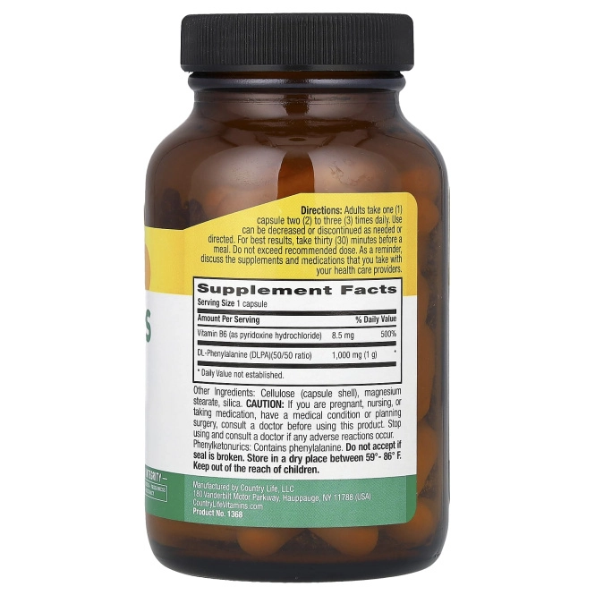 Country Life, DLPA (DL-фенилаланин) в капсулах, 1000 мг, 60 капсул
