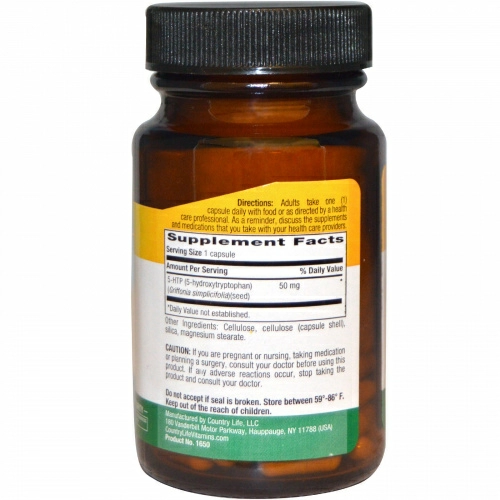 Country Life, 5-HTP (5-гидрокситриптофан), 50 мг, 50 веганских капсул