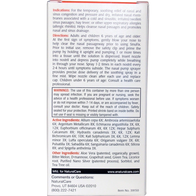 NaturalCare, SinuFix усиленного действия, Эффективный спрей против заложенности носа, 0,5 жидкой унции (15 мл)