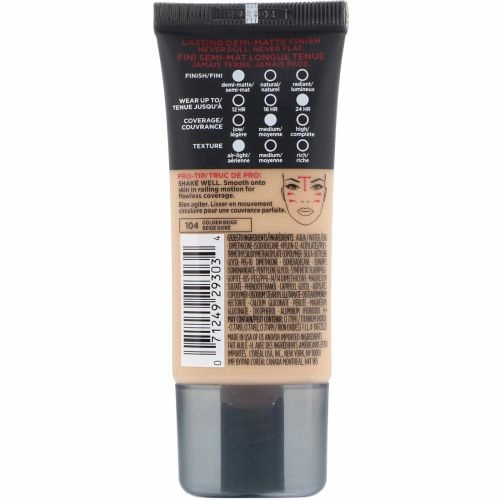 L'Oreal, Тональная основа Infallible Pro-Matte, оттенок Golden Beige 104, 30 мл