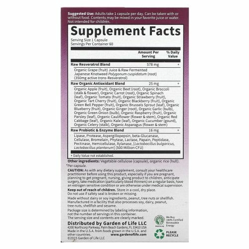 Garden of Life, RAW Resveratrol, 350 мг, 60 веганских капсул