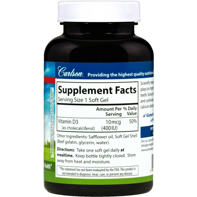 Carlson Labs, Vitamin D3, 400 IU (10 mcg), 250 Soft Gels