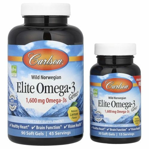 Carlson Labs Elite Omega-3 1600 мг Wild Norwegian Omega-3s, со вкусом лимона, 90 + 30 мягких таблеток