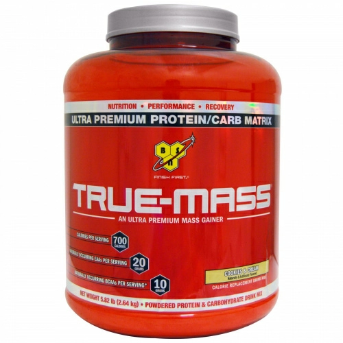 BSN, True-Mass, смесь для приготовления напитков из порошкового белка и углеводов, печенье и сливки, 5,82 фунта (2,64 кг)