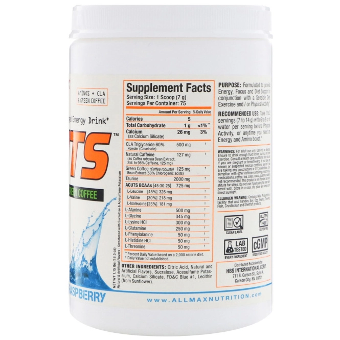 ALLMAX Nutrition, AMINOCUTS (ACUTS), аминокислоты с разветвлённой цепью для похудения (линолевая кислота + таурин + зеленый кофе), голубая малина, 525 г