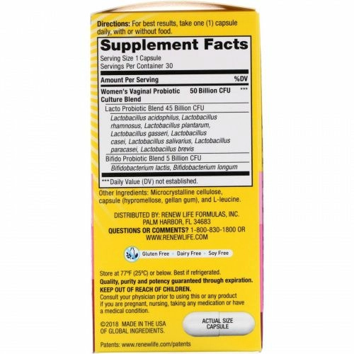 Renew Life, Women's Vaginal, Ultimate Flora Probiotic, 50 миллиардов живых бактерий, 30 вегетарианских капсул