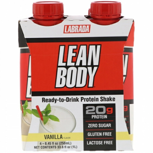 Labrada Nutrition, Lean Body, готовый к употреблению протеиновый коктейль, ванильный вкус, 4 коктейля, 8,45 ж. унц. (250 мл) каждый