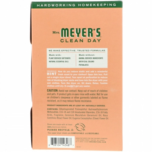 Mrs. Meyers Clean Day, Салфетки для сушильной машины, запах герани 80 щт