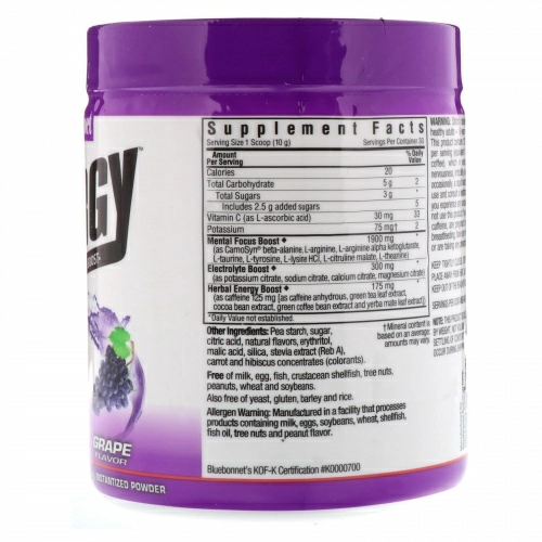 Bluebonnet Nutrition, Просто энергия, Вкус винограда, 10,58 унц. (300 г)