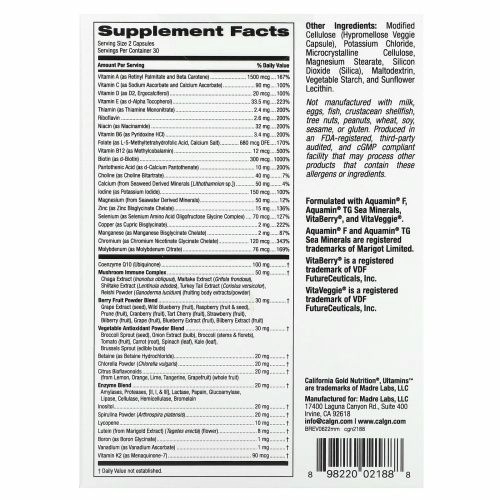 California Gold Nutrition, Ultamins, мультивитаминный комплекс для мужчин с коэнзимом Q10, грибами, ферментами, овощами и ягодами, 60 растительных капсул